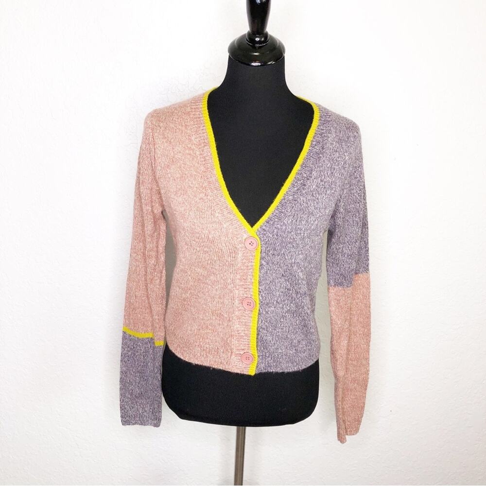 Anthropologie 525 purple pink gold color block button down cardigan size Small